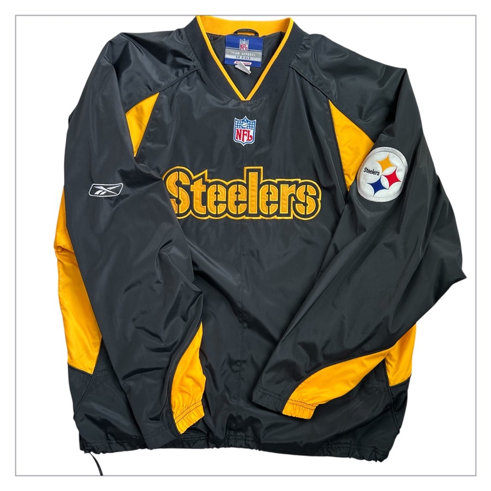 REEBOK Men’s NFL TEAM‎ Steelers Windbreaker Pullover Black and Gold Vintage L